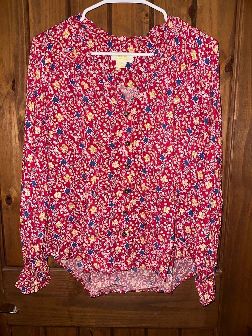 Maeve by Anthropologie Marisol Pink Floral Star Print V-Neck Button-Down Top Siz